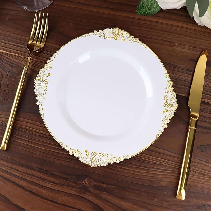 Efavormart 10 Pack | 8" White and Gold Baroque Dessert Plates, Leaf Embossed Metallic Rim Heavy Duty Appetizer Plates for Traditional Bridal Showers