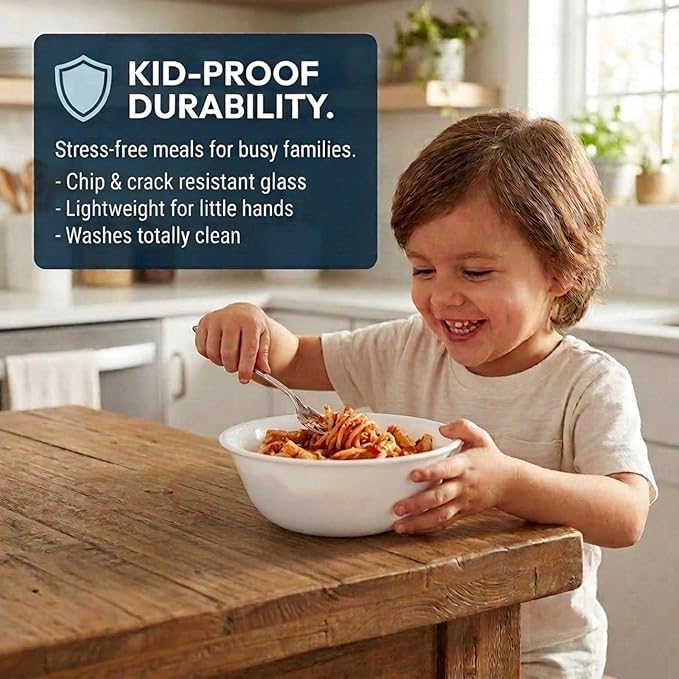 Corelle Vitrelle 28-oz Soup/Cereal Bowls Set of 6 Chip & Crack Resistant Dinnerware Bowls for Soup, Ramen, Cereal and More, Triple Layer Glass, Winter Frost White