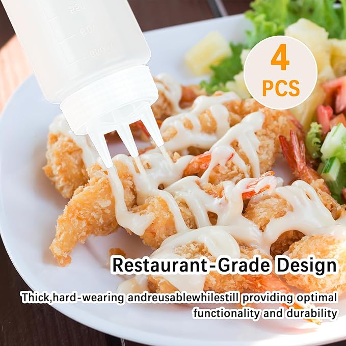 4 PCS 22 oz Plastic Squeeze Bottles For Sauces, Condiment Squeeze Bottles with 3 Holes, Sauce Squeeze Bottle, Suitable for Ketchup, Salad Dressing, Sauce, Condiments, Oil, Honey