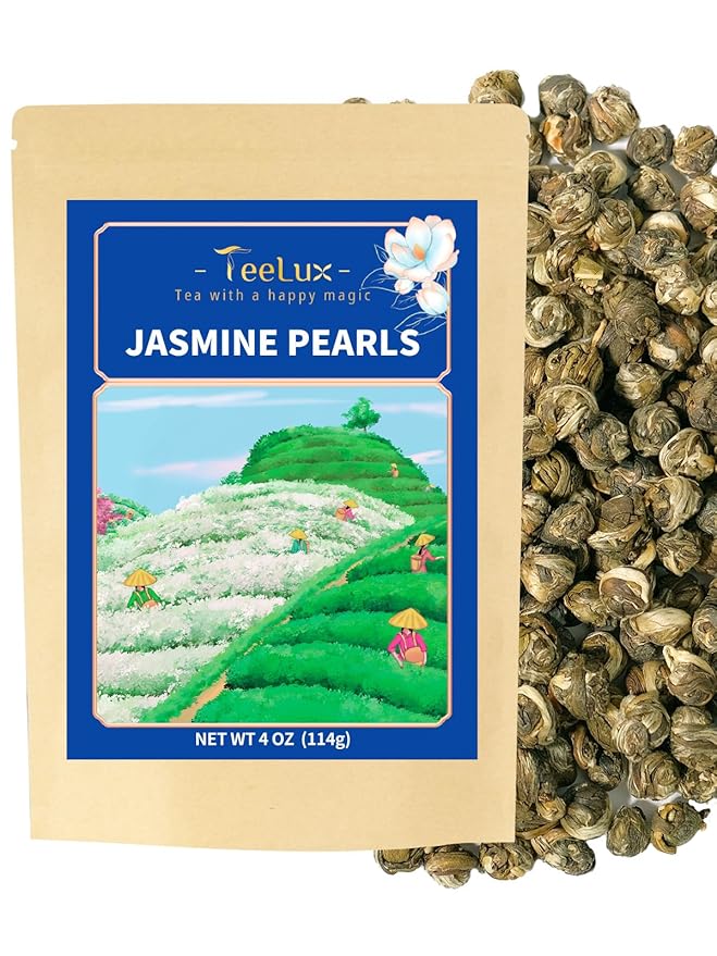 TeeLux Jasmine Pearls Green Tea, Handrolled Green Tea Loose Leaf with Delightful Aroma, Natural Jasmine Pearl Tea, 4 Ounce