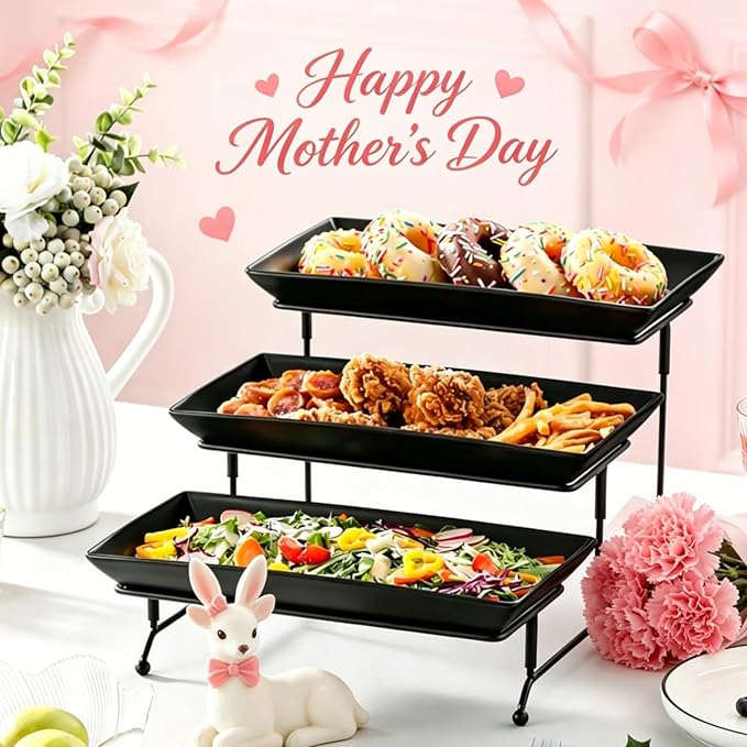 MALACASA 3 Tier Serving Tray, Porcelain Tiered Serving Trays Platters, 12 Inch Serving Stand with Platters,Black Dessert Stand with Collapsible Sturdier Metal Rack,Series PLAT