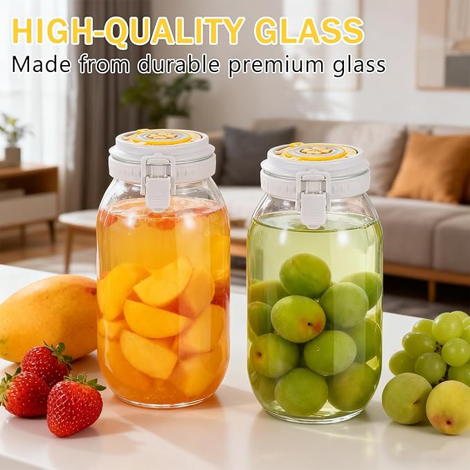 2 Pack Fermentation Jar with Automatic Venting & Date Marker - 2L Airtight Glass Storage Jar for Pickles, Kimchi, Jams, Dry Goods, Leak-Proof Food Container (0.53 US Gal / 67.6 US fl oz)