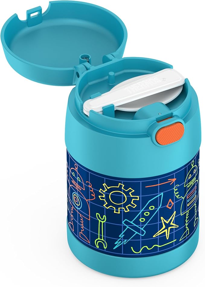 THERMOS FUNTAINER Insulated Food Jar, 10 Ounce, Kid Friendly Food Jar with Foldable Spoon, Robot Doodles
