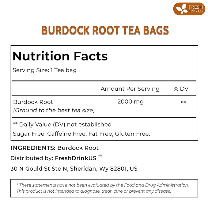 FreshDrinkUS, Premium 135 Burdock Root Tea Bags, 100% Natural & Pure. Made with Natural Material Tea Bags. No Sugar, No Caffeine, No Gluten, Vegan.