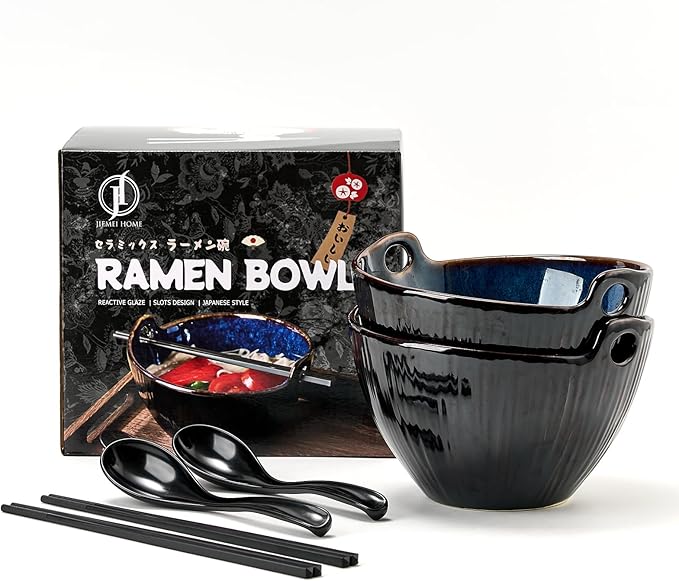 Ramen Bowl with Chopsticks and Spoons Set, 7 Inch Ceramic Noodle Bowl Set of 2, Dishwasher Safe for Pho Udon Soba Noodle Salad Pasta, Special Reactive Blue Bowls Set, Midnight Tide