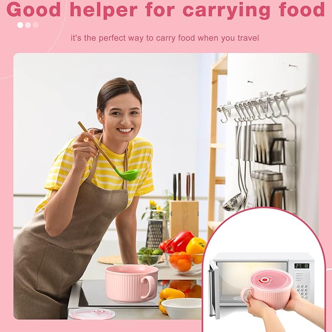 Nuenen 2 Pcs Soup Bowls with Lids and Handles 30 oz Microwave Safe Ceramic Soup Mug Microwavable Ramen Containers with Lids Large Colorful Cups for Noodle Cereal kitchen(Pink, Yellow)