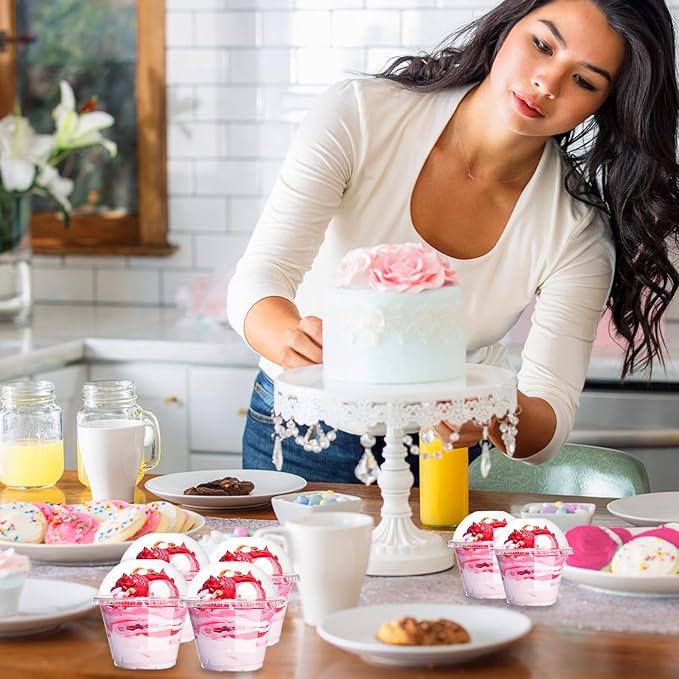 Alaeseje 100 Pack 8oz Disposable Clear Plastic Cups with Dome Lids(Hole in the Lid),PET Dessert Cups,Disposable Snack Bowls for Ice Cream,Cake,Fruit,Parfait, Pudding and Jello Shot