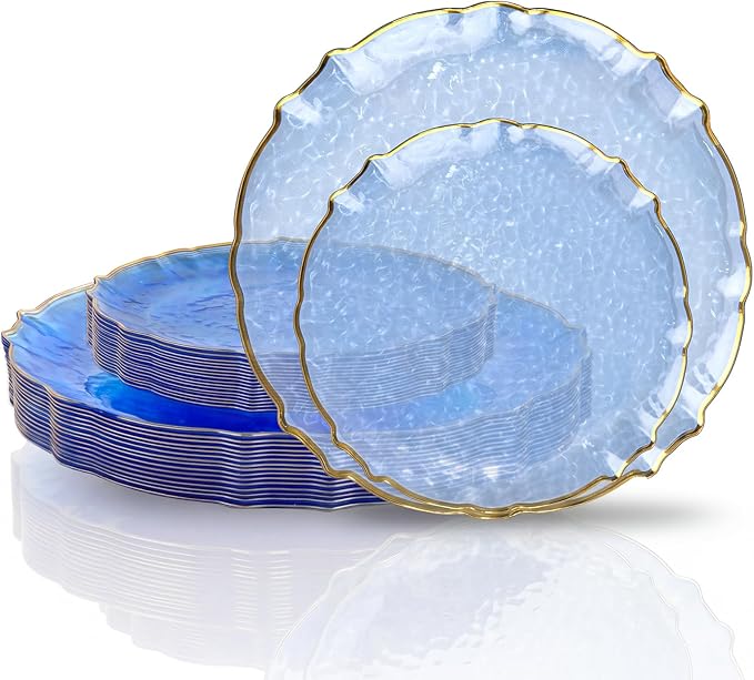 bUCLA 40PCS Clear Blue Plastic Plates - Hammered Disposable Plates with Gold Lace-Edge - Include 20 Each (10inch Dinner & 7inch Dessert) for Party, Birthday & Daily Use