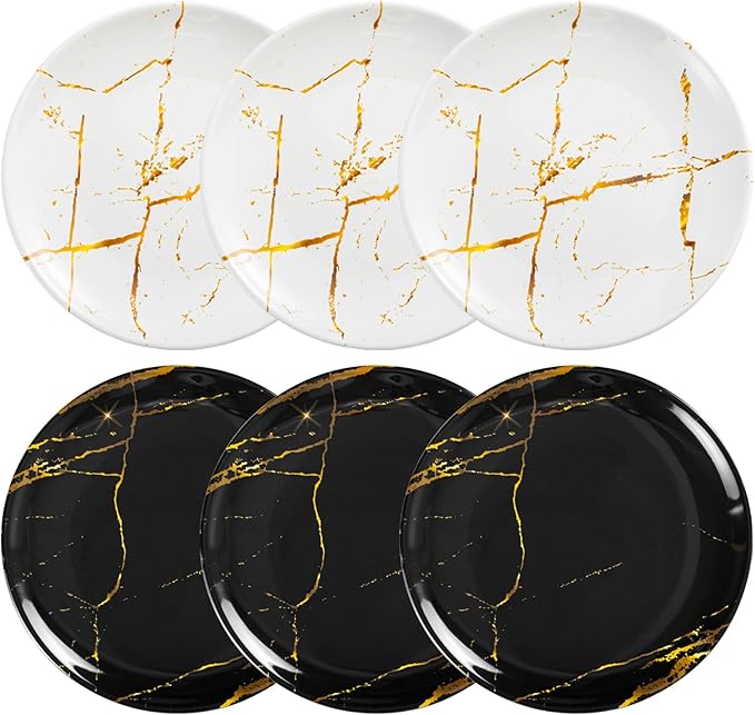UNK U 10.5-Inch Marble Melamine Plates Set of 6, Black and White Marble Dinner Plates with Gold Accents, Dishwasher Safe Modern Plates for Wedding Dining & Special Events