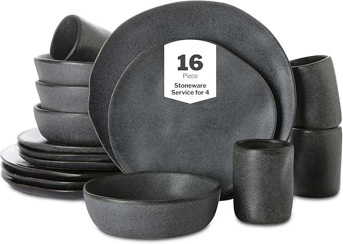 Stone by Mercer Project HEKONDA Modern Debossed Stoneware 16-Piece Dinnerware Set,Plate and Bowl Set, Dish Set for 4, Gray