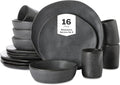 Stone by Mercer Project HEKONDA Modern Debossed Stoneware 16-Piece Dinnerware Set,Plate and Bowl Set, Dish Set for 4, Gray