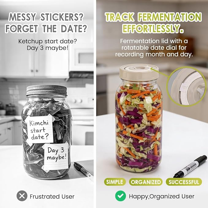64oz Glass Fermentation Jar, 2L Glass Fermenting Jar with Dial Date Tracker Lids, Airlocks & Weights, Fermenting Kit for Sauerkraut, Pickling, Kombucha & Cider(2 Pack Jars Included）