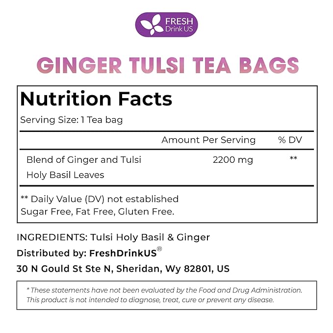 FreshDrinkUS, Premium 55 Ginger Tulsi Tea Bags, 100% Natural, Hand-made Blend of Ginger and Tulsi Holy Basil Leaves, Eco-conscious Tea Bags. Herbal Tea. No Sugar, No Caffeine, Vegan.