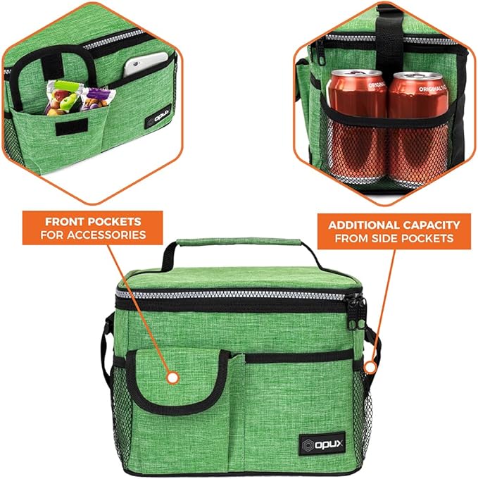 opux Insulated Lunch Box for Men Women Kids, Leakproof Reusable Lunch Bag Cooler for Work School Office, Soft Thermal Lunchbox Tote Shoulder Strap for Boys Girls Adults, Heather Green, 14 Can/8L
