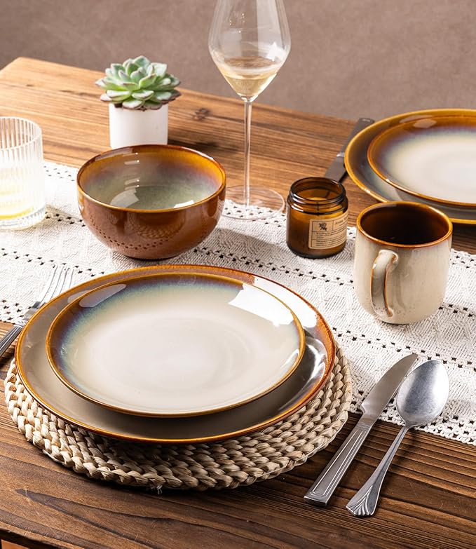 LERATIO Ceramic Dinner Plates Set of 6, 8.0 Inch Handmade Reactive Glaze Porcelain Plates, Coupe Shape Dinnerware Dishes Set for Kitchen,Oven& Microwave & Dishwasher Safe, Scratch Resistant-Kahki