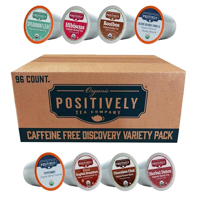 Organic Positively Tea Company, Caffeine Free Discovery Variety Pack, K-Cup Compatible, 96 Pods