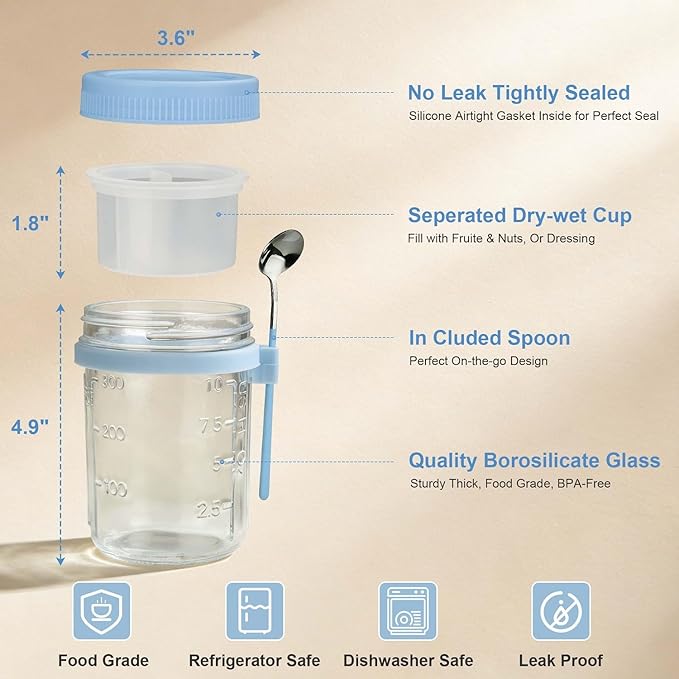 4 Pack Overnight Oats Containers with Lids and Spoons - 16 oz Glass Mason Jars with Dressing Cup, Over night Oat Jars for Meal Prep, Yogurt Parfait Cup for Chia Seed Salad (Blue)