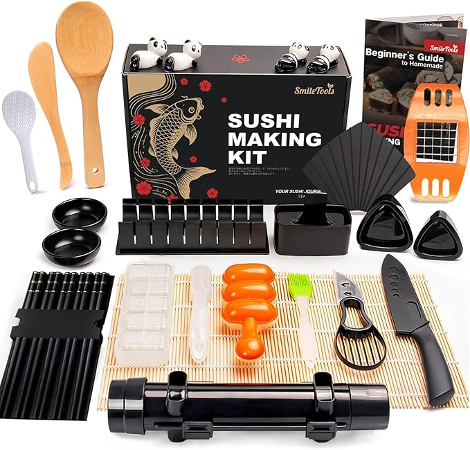 SmileTools Sushi Making Kit, 30 in 1 Sushi Kit with Sushi Roller, Sushi Maker Bazooka, Triangle Onigiri Mold, Musubi Press Mold, Rice Ball Mold & More