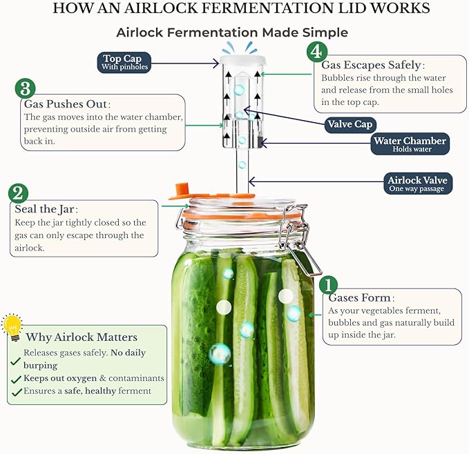 JILLMO Wide Mouth Glass Fermentation Jar with Airlock & Glass Weight, 1.5L Fermenting Jar for Sauerkraut, Kimchi, Pickles & More,Pack of 2