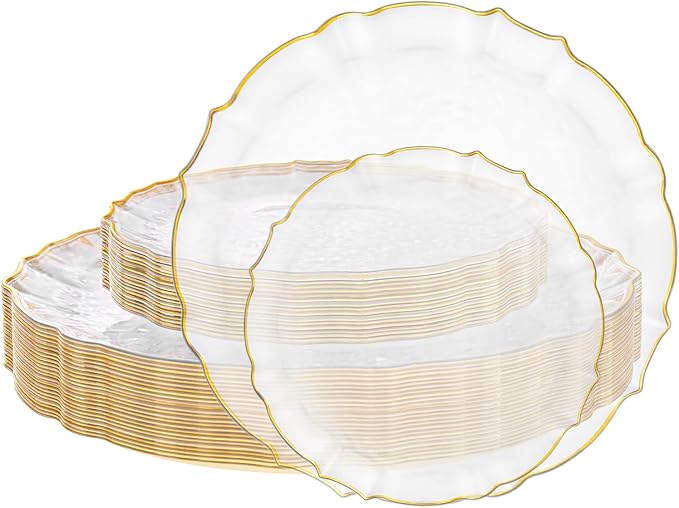 bUCLA 40PCS Clear and Gold Plastic Plates - Fancy Lace-Edge Clear Plates with Gold Trim Hammered Disposable - Include 20 Each(Dinner&Dessert) for Party & Wedding