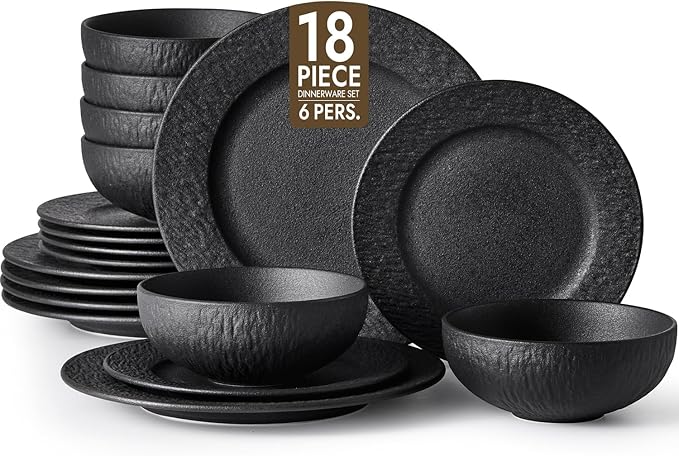 KINGSTONE Black Dinnerware Sets, 18-Piece Matte Marble Pattern Premium Porcelain, Place Setting with Dinner Plate, Salad Plate, Pasta Bowl, Microwave and Dishwasher Safe