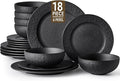 KINGSTONE Black Dinnerware Sets, 18-Piece Matte Marble Pattern Premium Porcelain, Place Setting with Dinner Plate, Salad Plate, Pasta Bowl, Microwave and Dishwasher Safe