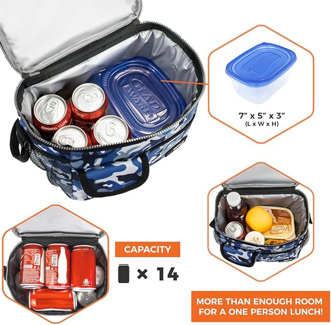 opux Insulated Lunch Box for Men Women Kids, Leakproof Reusable Lunch Bag Cooler for Work School Office, Soft Thermal Lunchbox Tote with Shoulder Strap for Boys Girls Adults, Camo Blue, 14 Can/8L