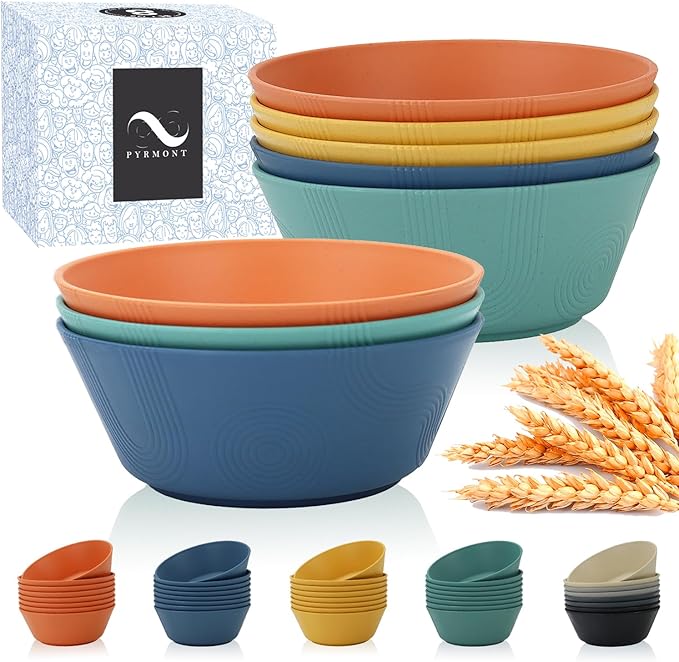 PYRMONT Large Cereal Bowls 36 OZ Wheat Straw Bowls Set of 8 Alternative Plastic Bowls Reusable Microwave & Dishwasher Safe Unbreakable Bowls for Salad Kitchen Bowls for Serving,Camping,RV-Multi