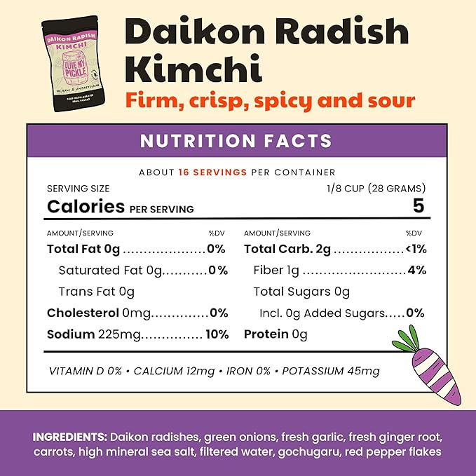 Olive My Pickle Fermented Kimchi - 16 Ounces | 1-Pack Bundle of Probiotic Daikon Radish Kimchi | Fresh & Flavorful Korean Food with Natural Probiotics for Gut Health - Perfect for Ramen & Spicy Noodles