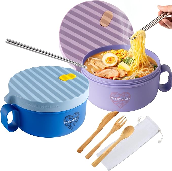 AI LOVE PEACE Ramen Bowls, 40 oz Large Microwavable Noodle Bowls (1 Blue, 1 Purple) with Chopsticks, Sporks, and Utensil Bag, Portable Microwave Bowl for Home, Office, Dorm, or College Gift.