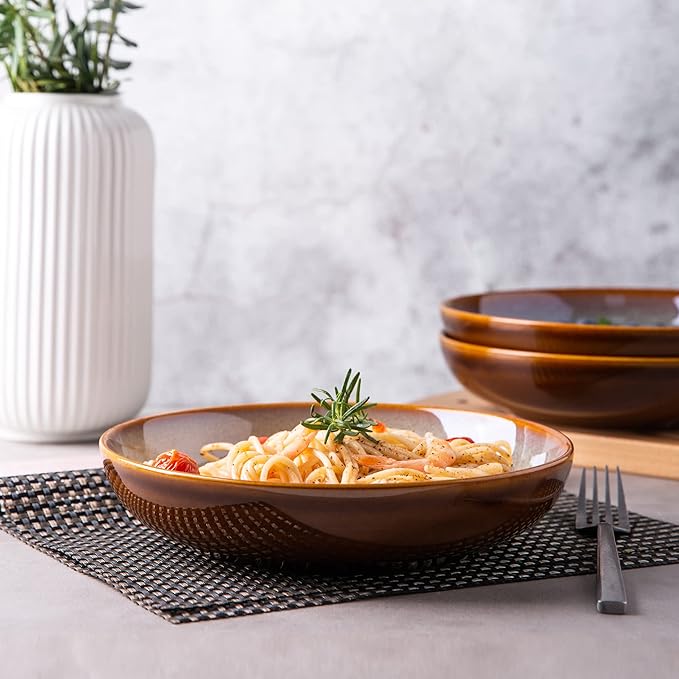 LERATIO Large Pasta Bowls,38oz Ceramic Pasta Bowls,9.0" Reactive Glaze Pasta Bowl Set of 4,Microwave & Dishwasher,Oven Safe,Wide Serving Bowls for Salad,Pasta,Fruit,Scratch Resistant-Khaki