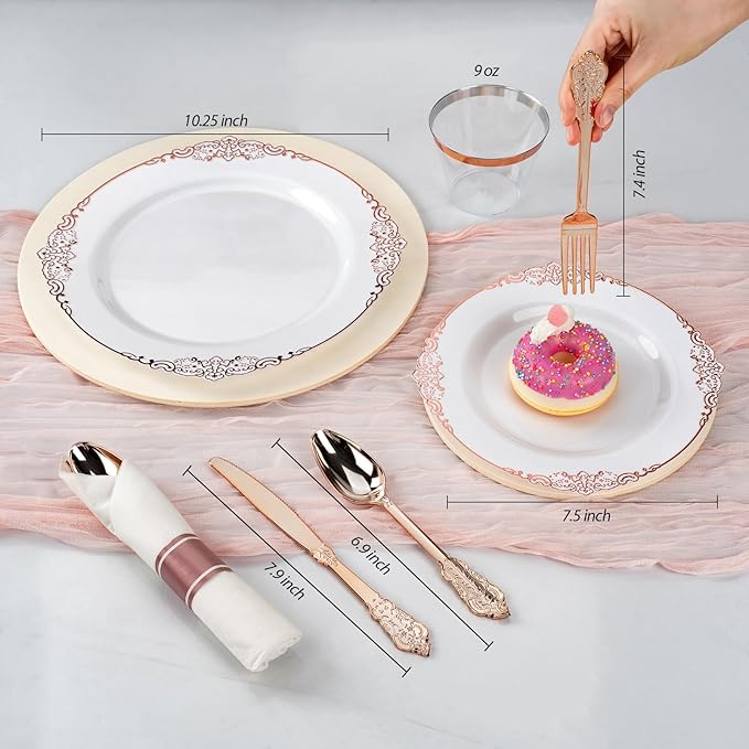 Bestluck 175PCS Rose Gold Plastic Plates for 25 Guests, Disposable Dinnerware Sets Include 50 Rose Gold Rim Plastic Plates, 25 Silverwares and 25 Cups, 25 Pre Rolled Napkins for Party, Graduation