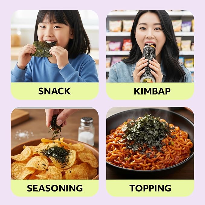 Kim’s Table Roasted Seaweed Snack – Korean Seasoned Seaweed Sheets, Light & Crispy, Healthy Low Calorie Gluten Free Vegan Snack, 6 Convenient Packs (0.14oz Each) (Olive Oil) 올리브유 한국 김
