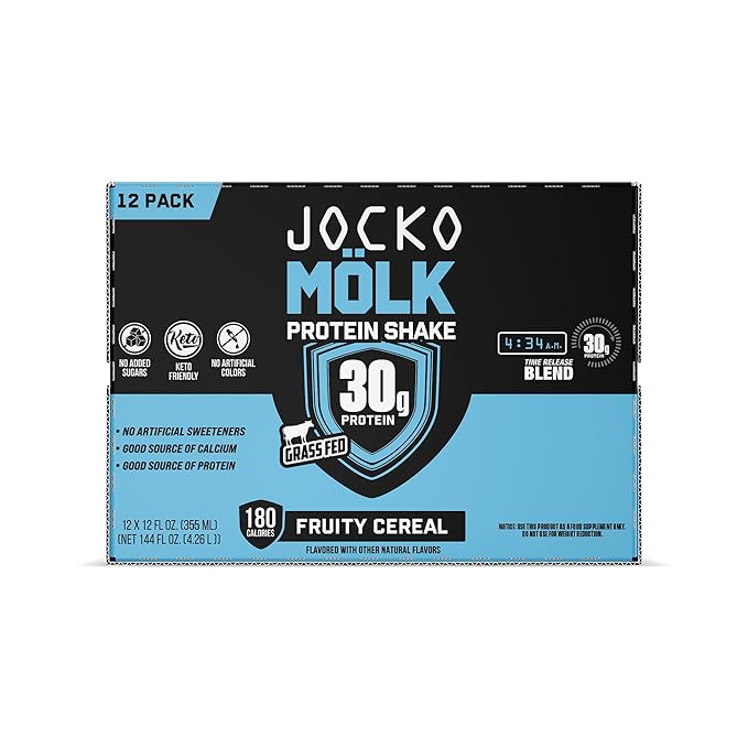 Jocko Mölk 30g Grass Fed Protein Shakes – No Added Sugar Protein Drinks KETO Friendly - Ready to Drink 12 FL Oz (Pack of 12) Fruity Cereal