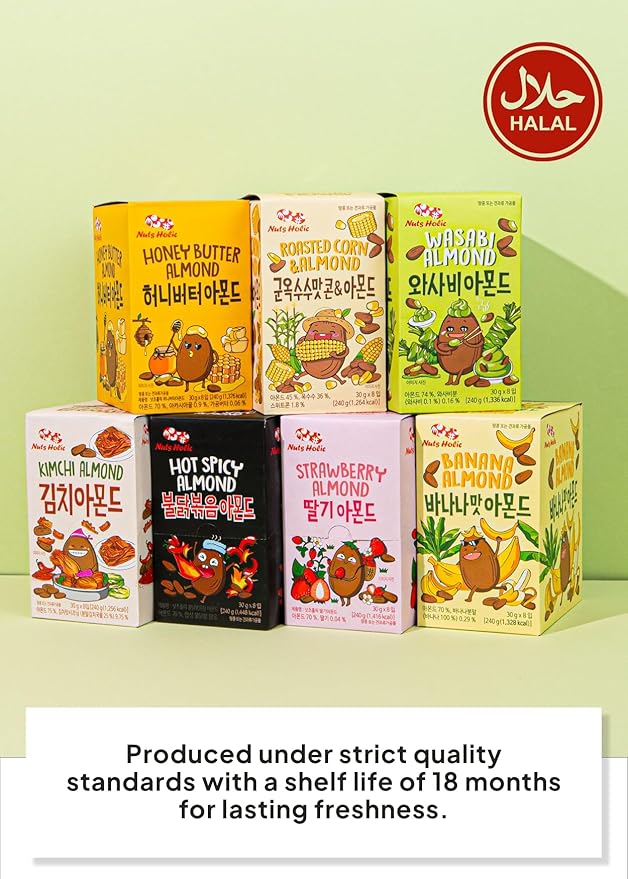 Korean Food Nuts Holic Honey Butter Almond, Sweet & Savory Seasoned Almond Snack, 8 Packs 8.5 oz (1.05 oz Each)