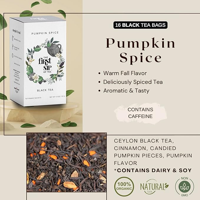 Pumpkin Spice Tea Bags - Black Tea with real Pumpkin, Cinnamon & Spices, Caffeine - 16 Cups | The Spice Hut, First Sip of Tea