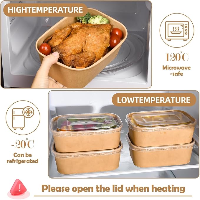 50 Pack Disposable Meal Prep Containers, 19oz Disposable Large Paper Bowls with Lids and Forks for Salad, Noodles, Freezer and Microwavable Storage Use Cardboard Food Containers