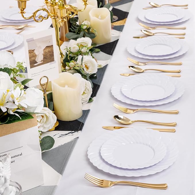 U-QE 100 Pieces White Plastic Plates - 9 Inch White Disposable Plates - Washable & Reusable - Premium Hard Plates - Party Supplies for Party, Celebrations, Travel, Wedding, Party and Events