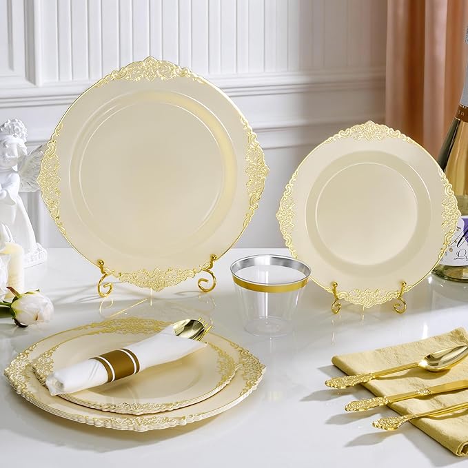 Bestluck 175PCS Ivory Plastic Plates for 25 Guests Disposable Dinnerware Sets Include 50 Plastic Plates, 25 Silverwares, 25 Cups, and 25 Pre Rolled Napkins for Party, Wedding and Graduation