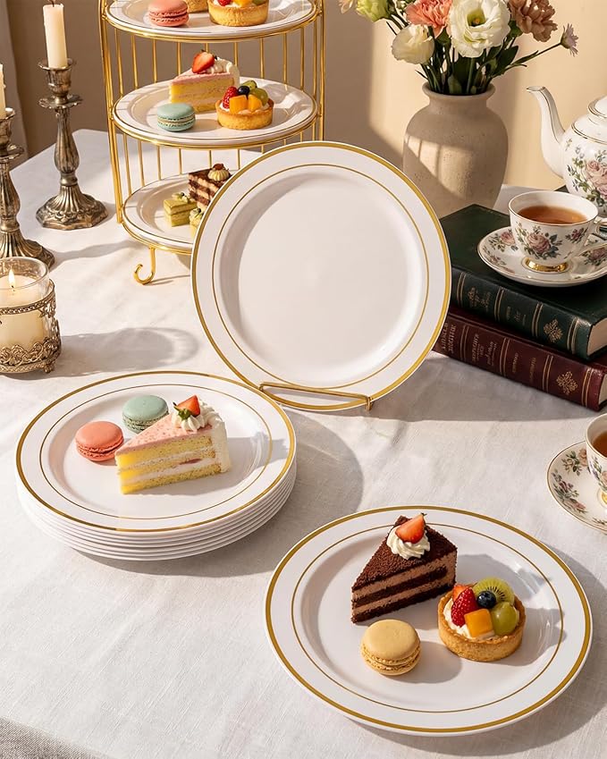 bUCLA 100Pieces Gold Plastic Dinner Plates - 10.25inch White and Gold Plates Disposable for Party - Ideal for Wedding, Party & Daily Use