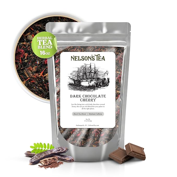 Nelson's Tea Dark Chocolate Cherry - Cut & Sifted Pu-erh Black Tea Loose Leaf with Rich Blend of Chocolate Chips, Wild Cherry Bark, Cacao Nibs and Dried Cherries - Medium Caffeine (16 oz)