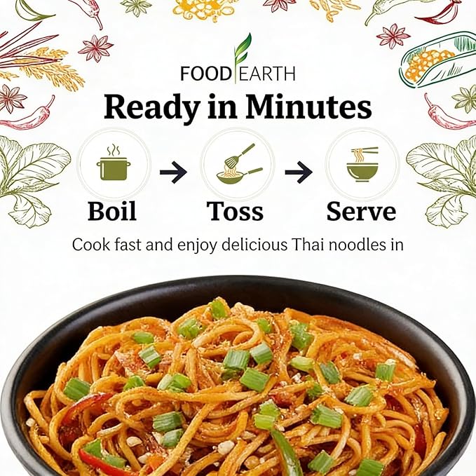 Food Earth Thai Chilli Noodles 250g | Spicy Thai Style Stir Fry Noodles | Quick Cook Non-Sticky Noodles for Wok, Chow Mein & Lo Mein | Easy Meal Kit | Medium Spice – 250g Pack