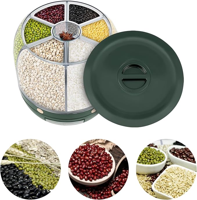 Grain Storage Container Dispenser, 6 Grids rice dispenser rotating, 360° rotating food dispenser One-Click Output rice Storage Round Grain Dispenser Kitchen (Light Green 1.2kg)