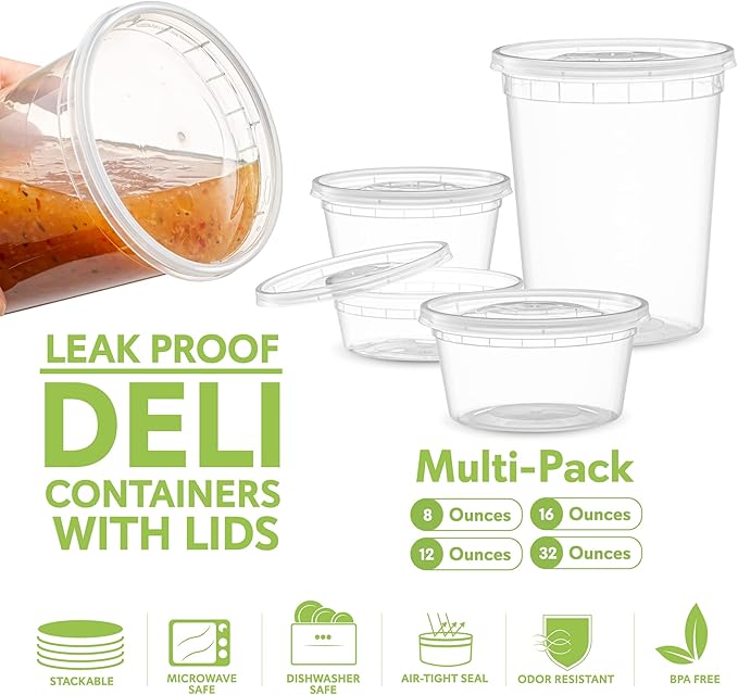 ELEGANT DISPOSABLES Combo Set 8, 8oz - 8, 16oz - 8, 32oz Plastic Deli Food Storage Containers with Airtight Flexible Lids Microwavable, Leak Free, Washable, Freezer Safe.