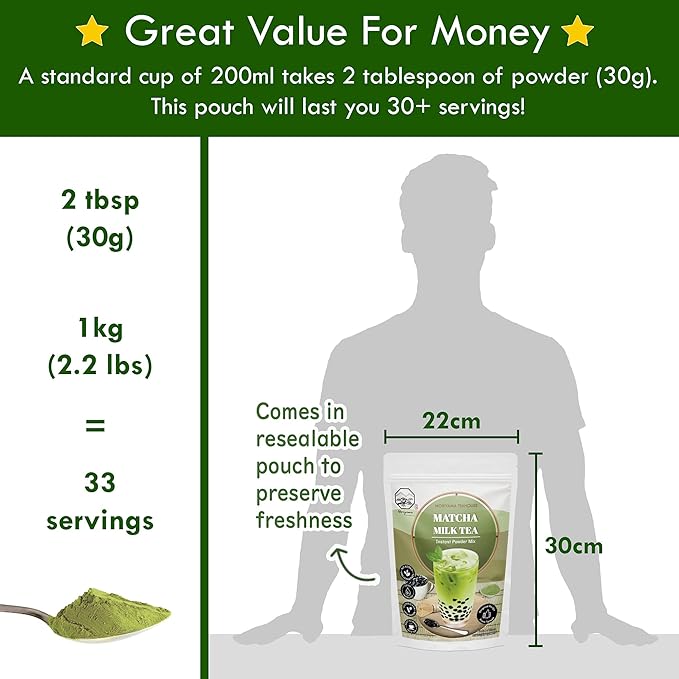 Matcha Bubble Milk Tea Instant 3in1 Powder Mix - 1kg (33 Drinks) | For Boba Tea, Milkshake, Blended Frappe and Bakery | Authentic Taiwan Recipe | Zero Trans Fat, No Preservatives by Moriyama Teahouse