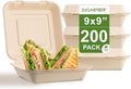 [200 COUNT]Sugarfiber by Harvest Pack PFAS FREE 9 X 9" Compostable Clamshell Food Containers, Heavy-Duty Hinged Container, Disposable Bagasse Eco-Friendly Natural Sugarcane Takeout to go Box