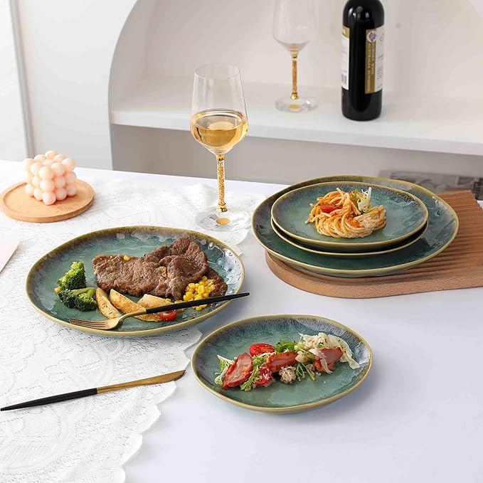 Henten Home Ceramic Appetizer Plate Set, 6.75 Inch Dessert Plates, Reactive Glaze Serving Plates for Snack, Sushi, Set of 4, Microwave & Dishwasher Safe (Green)