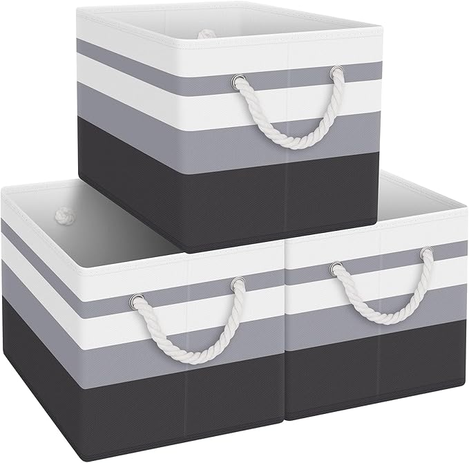 Fab totes Storage Bins [14-Pack], Foldable Storage Baskets for Organizing Toys, Books, Shelves, Closet, Large Storage Box with Rope Handles, Sturdy Organizer Bins, White & Black
