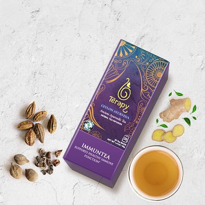 TERAPY Ceylon ImmunTea - Ayurvedic Immunity Tea with All Pure Herbal Ingredients, Ginger & Triphala for Immune Defense, Fortify Your Immunity, Low Caffeine, 20 Individually Wrapped Bags (Pack of 1)
