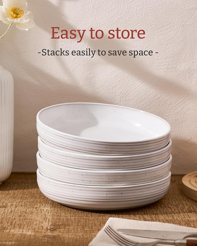 famiware Milkyway 33 oz Bowl Set, Pasta Bowls Set of 8, Salad Bowls, Double Reactive Glaze, Sturdy & Stackable, Ideal for Housewarming, Festivals, White with Speckles
